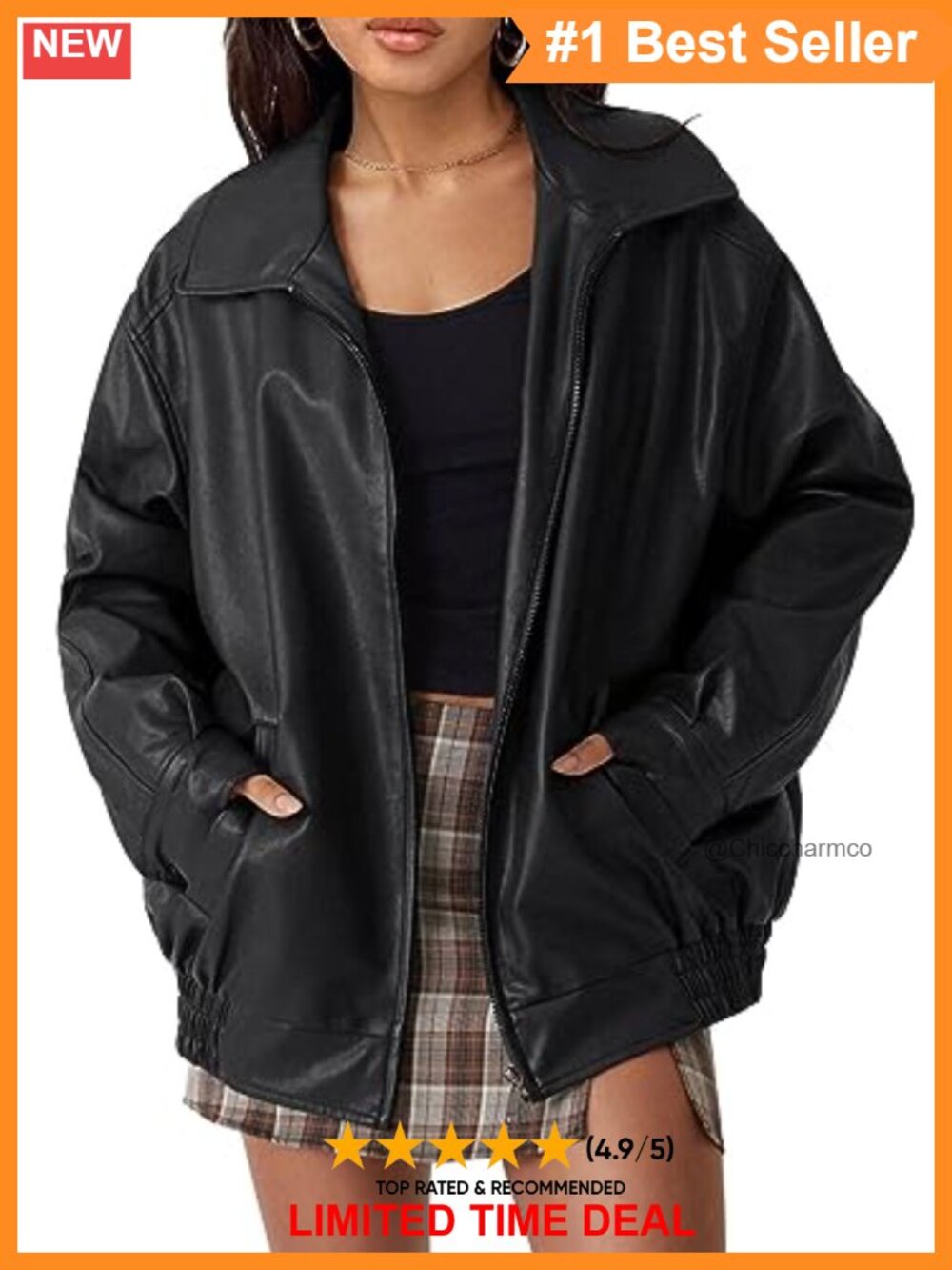 Oversized Faux Leather Moto Jacket Zip Up Bomber